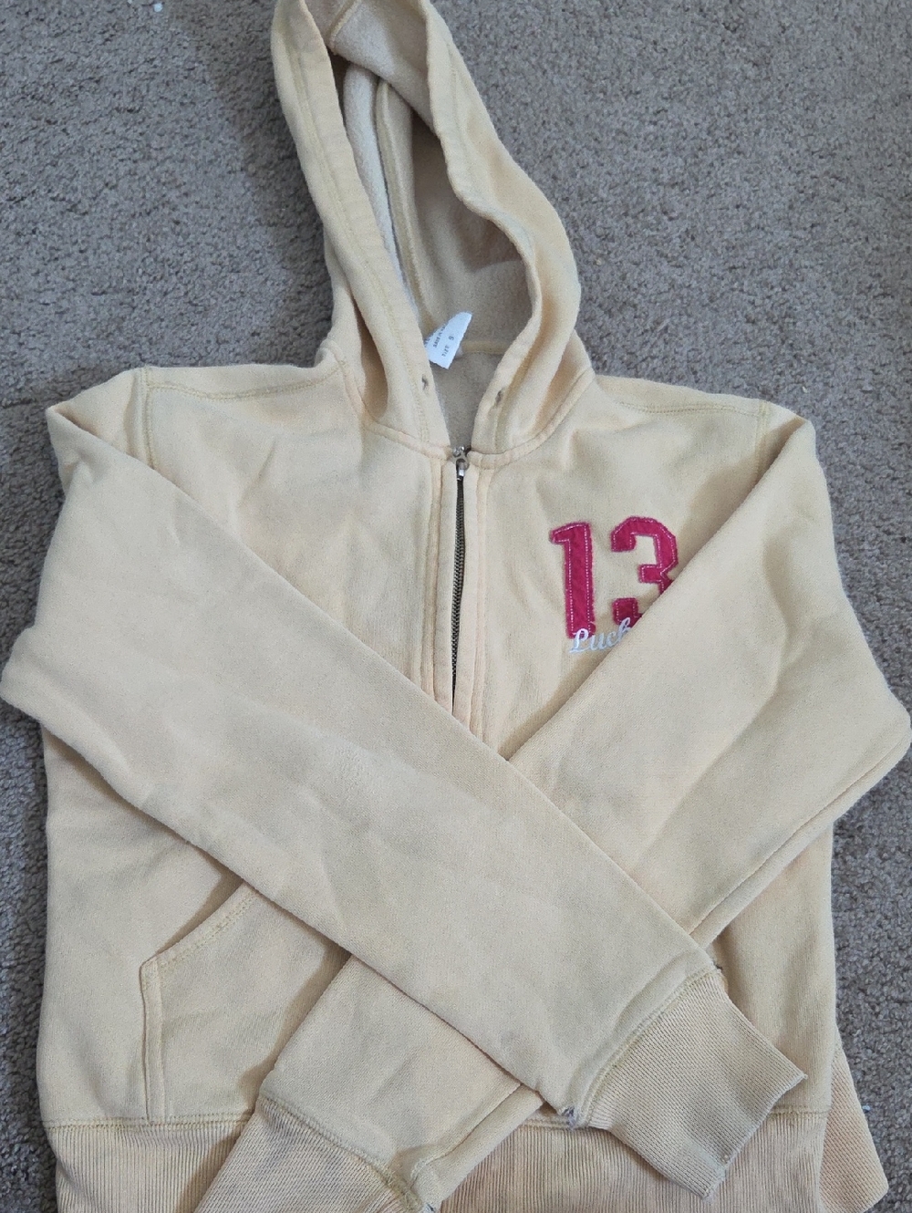 Lucky Brand Cream Hooded Zip Sweatshirt with Pink '13' Patch